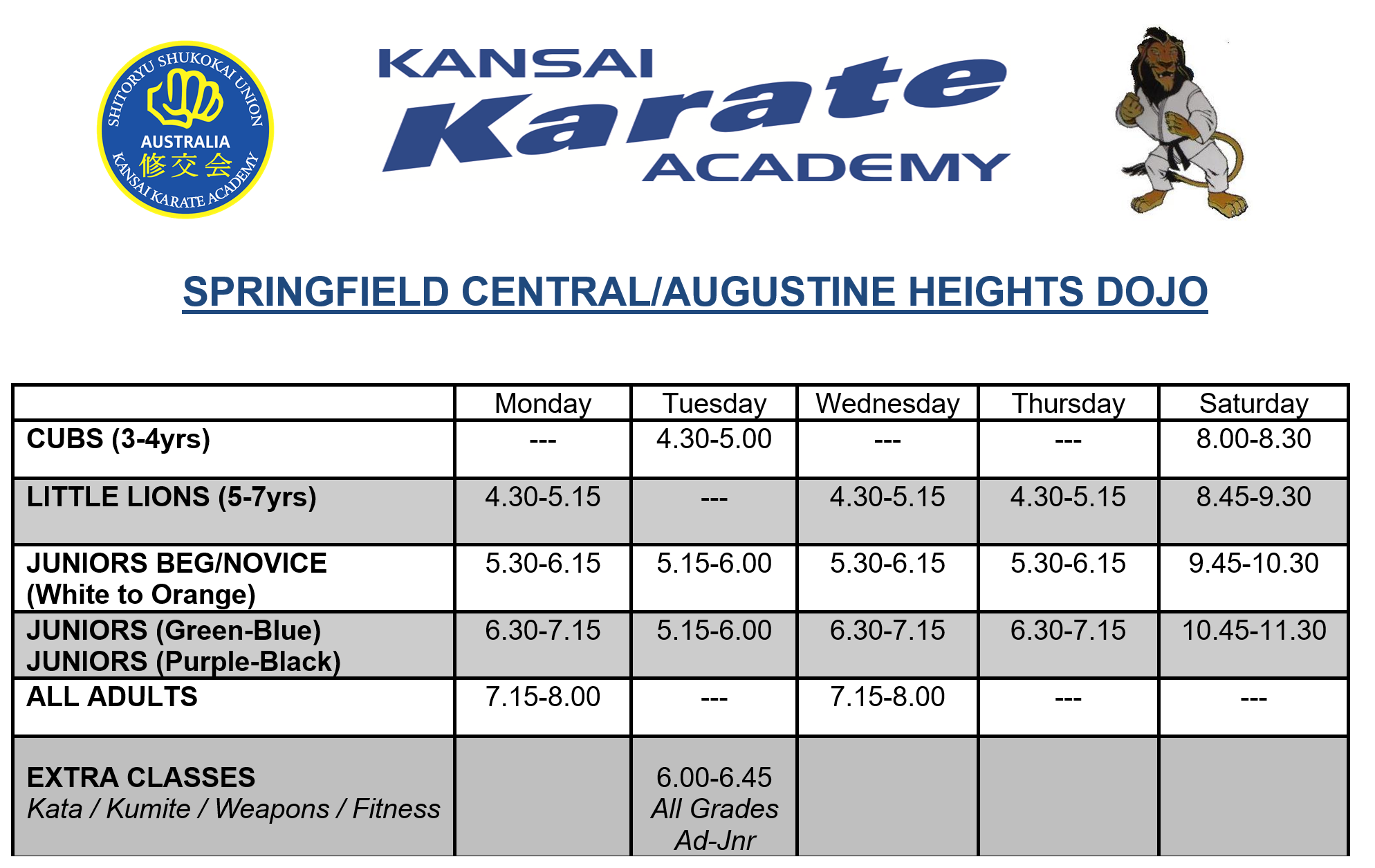 Springfield Central-Augustine Heights Dojo 2022 timetable